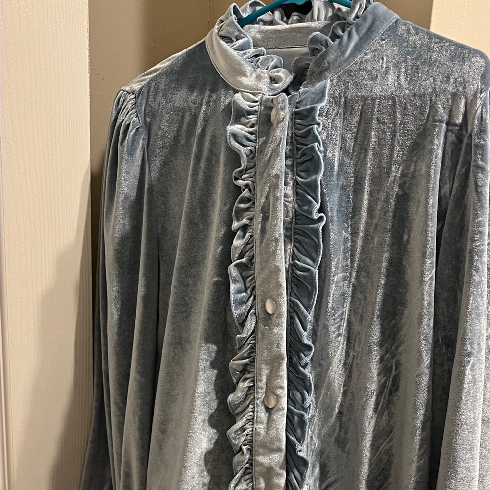 Victorian Ruffle Velvet Blouse in Dusty Blue
